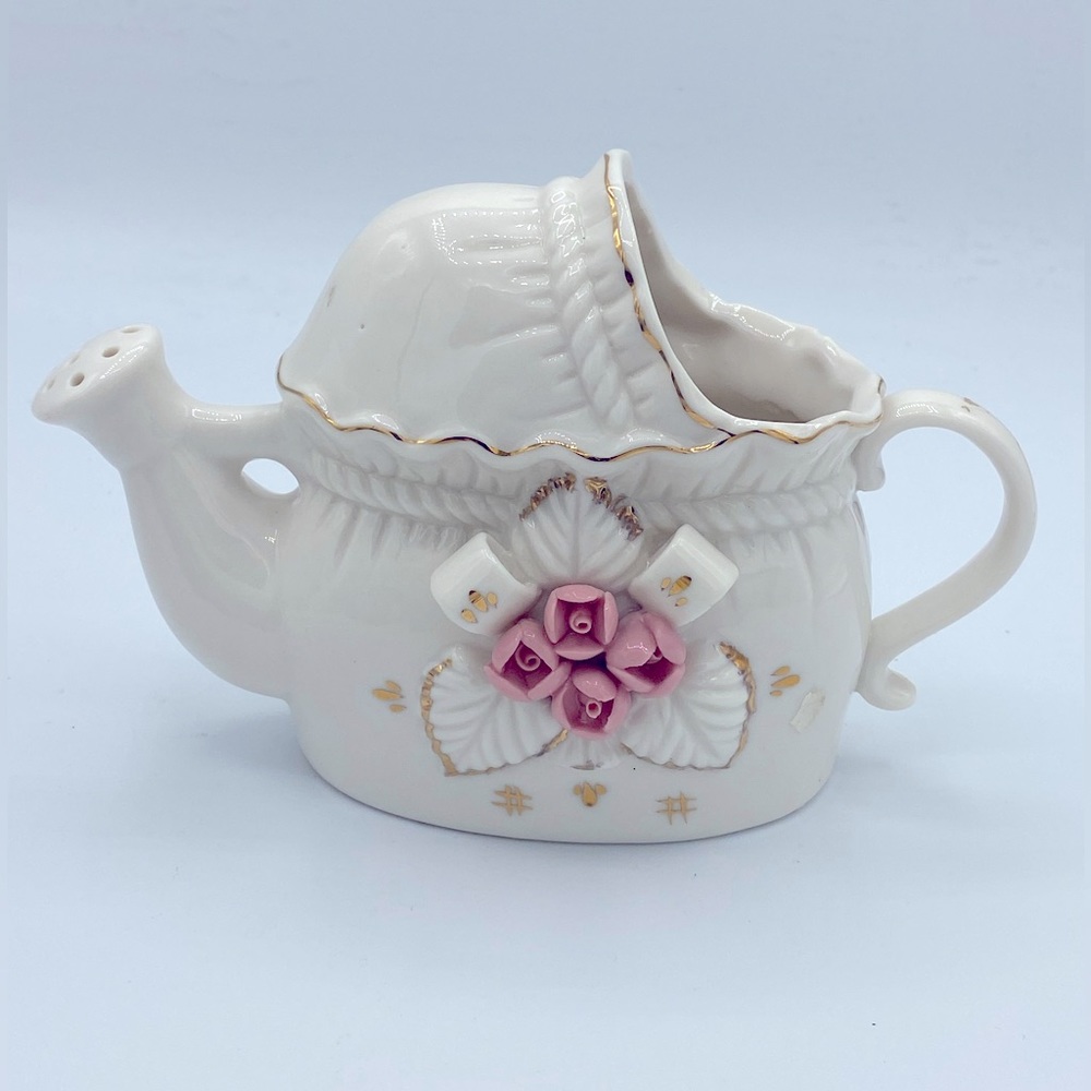 Vintage Porcelain Watering Can With Raised Pink Flowers And Leaves, Gold Trim